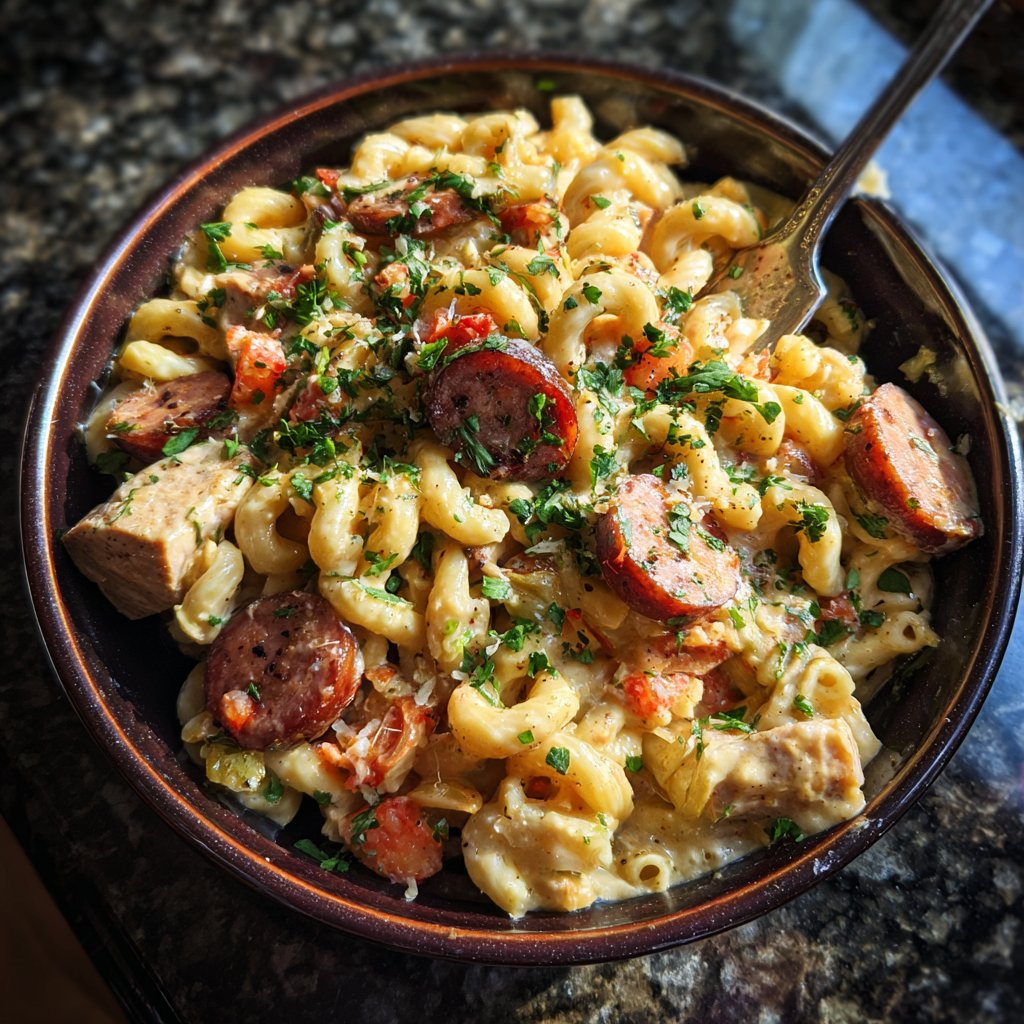One Pot Creamy Cajun Sausage and Chicken Pasta
